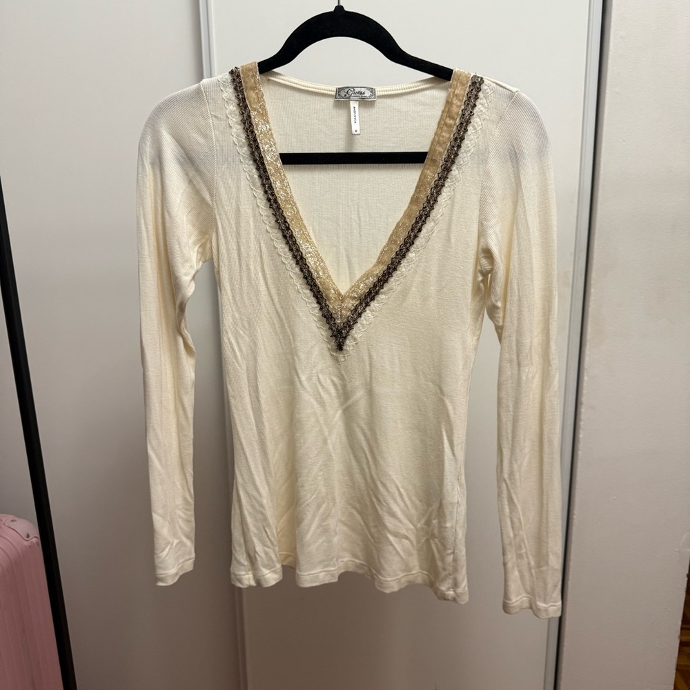 Guess Vintage Cream Long Sleeve V-Neck Top with Lace